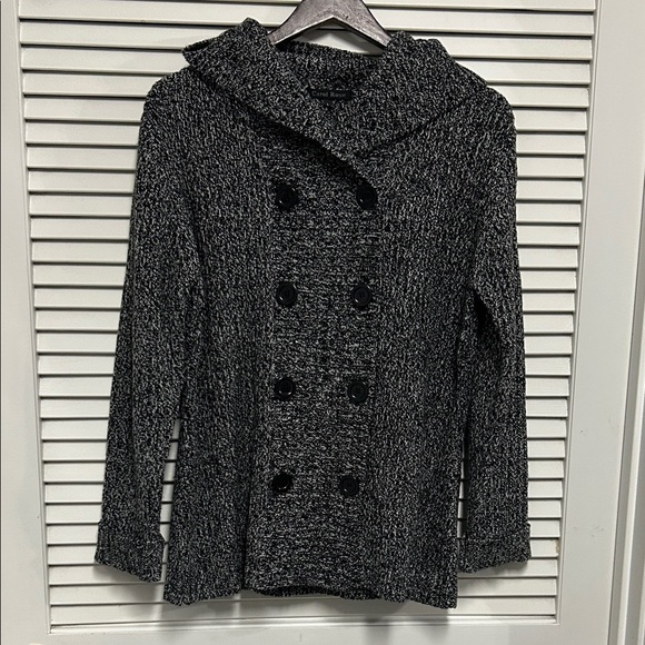 Carol Rose Sweaters - Black and Gray Heathered Double-Breasted Hooded Sweater Cardigan/Coat